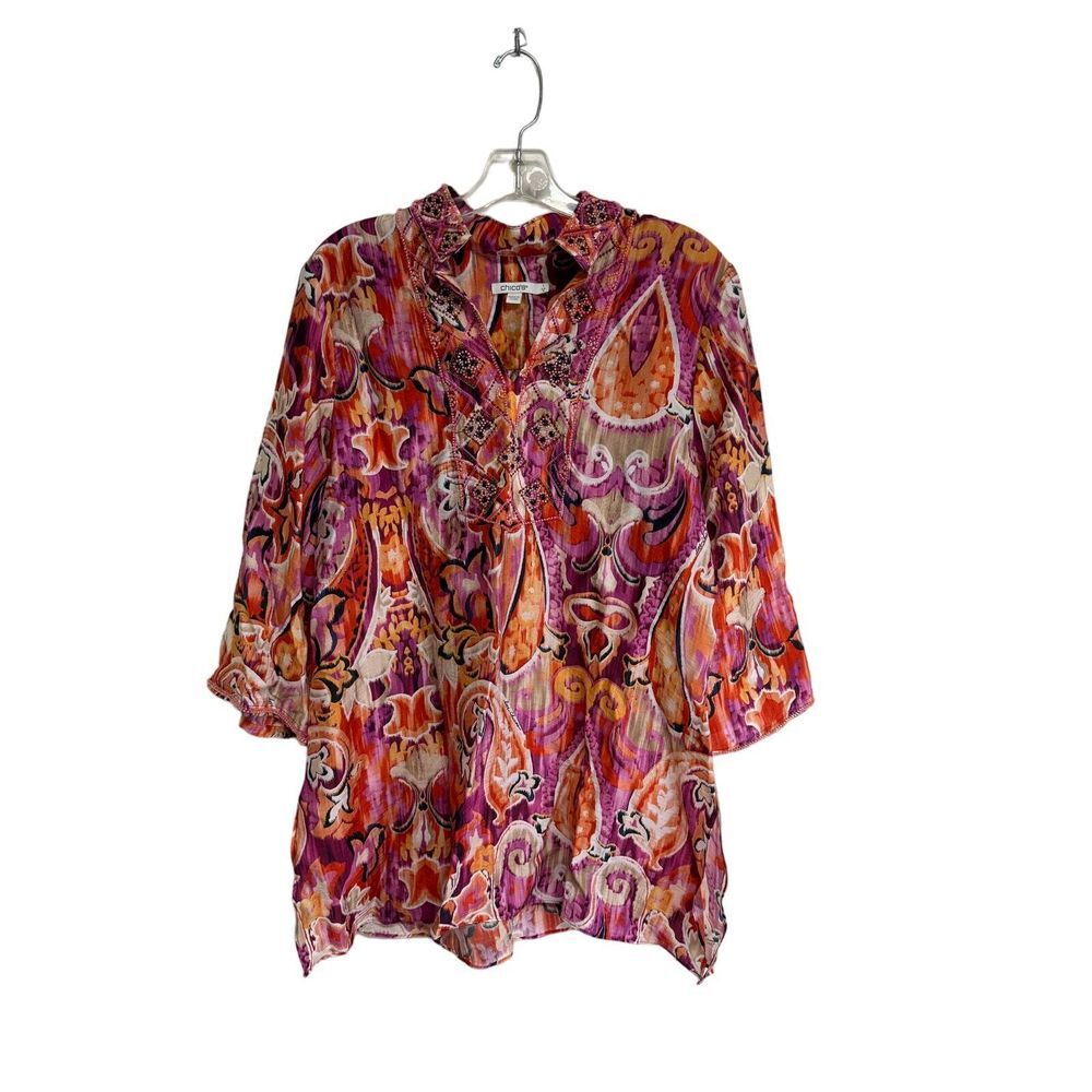 Chico's Multicolored Pullover Beaded Blouse Womens Chicos Size‎ 1 (US 8)